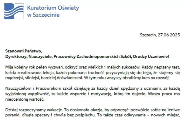 Zdjęcie do List Zachodniopomorskiego Kuratora Oświaty Pawła Palczyńskiego